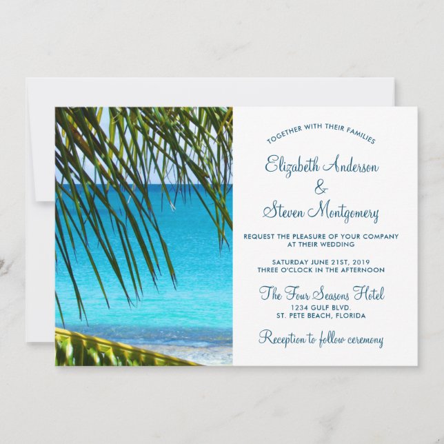 Invitación Boda tropical turquesa en la playa con frondas de  (Anverso)