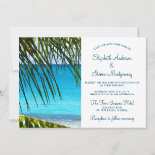 Invitación Boda tropical turquesa en la playa con frondas de
