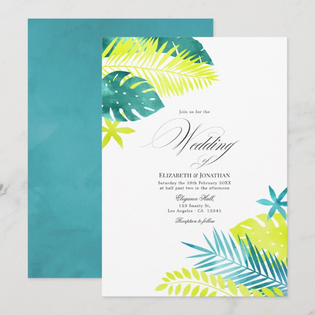 Invitación Boda tropical turquesa y limón (Anverso / Reverso)