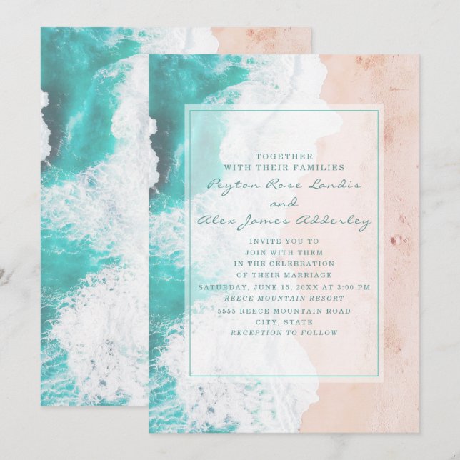 Invitación Boda tropical Verde azulada del Océano Marrón Blan (Anverso / Reverso)