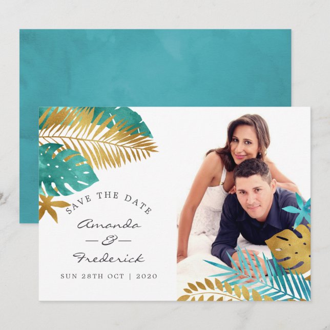 Invitación Boda tropical verde azulada y de oro salva la fech (Anverso / Reverso)
