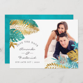 Invitación Boda tropical verde azulada y de oro salva la fech