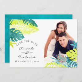 Invitación Boda tropical verde azulada y limón Guardar la fec