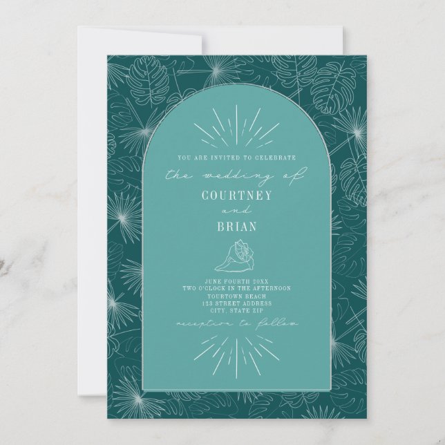 Invitación Boda Tropical Verde azulado de las hojas de palma (Anverso)