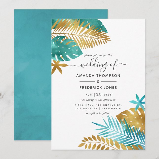 Invitación Boda Tropical verde azulado y Oro (Anverso / Reverso)