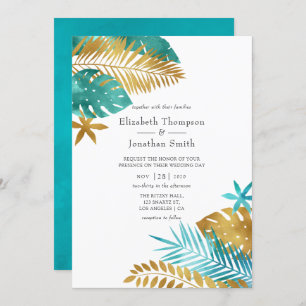 Invitación Boda Tropical verde azulado y Oro