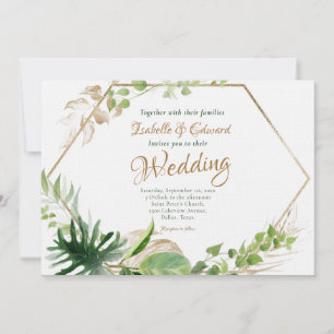 Invitación Boda Tropical Verde Monstera & Marco Geométrico