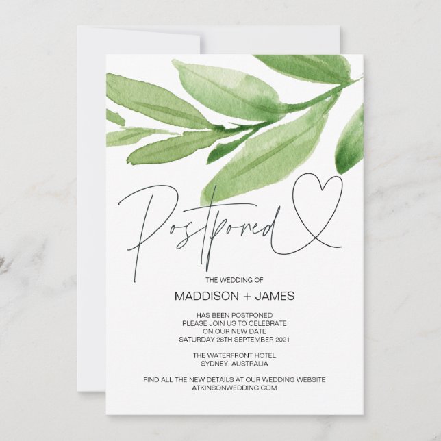 Invitación Boda tropical verde pospuesto cambia la fecha (Anverso)