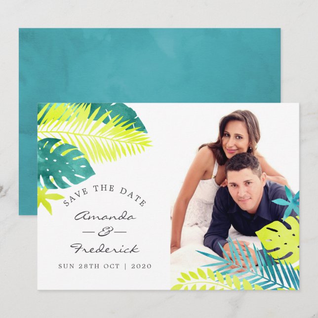 Invitación Boda Tropical Verde y Limón Guardar la Fecha (Anverso / Reverso)