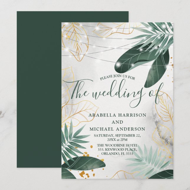 Invitación Boda Tropical Verde Y Oro (Anverso / Reverso)
