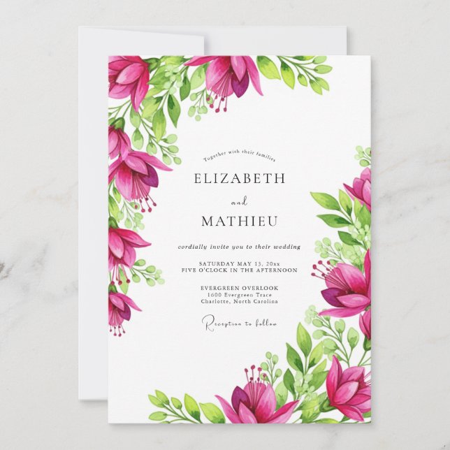 Invitación Boda Tropical Vibrante de Fuchsia (Anverso)