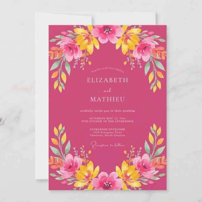 Invitación Boda Tropical Vivida Fuchsia (Anverso)