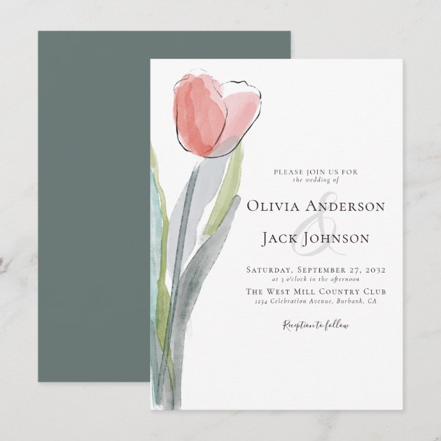 Invitación Boda Tulip de color de agua (Anverso / Reverso)