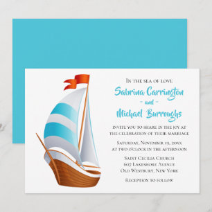 Invitación Boda Turquesa Azul Náutico Barco de Vela Playa