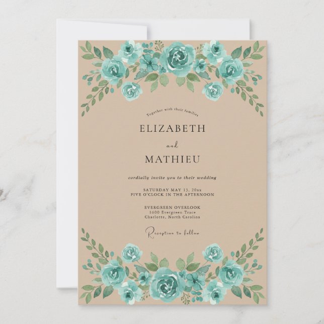 Invitación Boda Turquesa Champán Frondosa (Anverso)