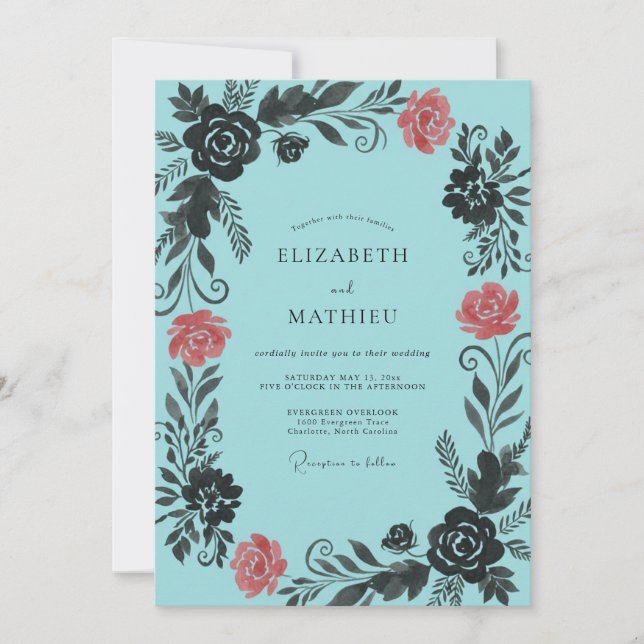 Invitación Boda Turquesa Coral Frondosa (Anverso)