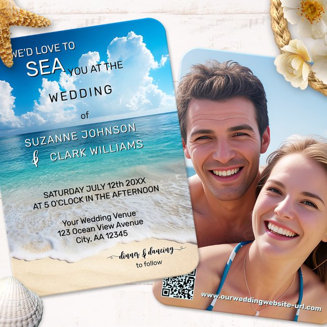 Invitación Boda turquesa en la playa en negrita (A whimsical funny coastal wedding invitation featuring a beach in bold blue and turquoise colors)