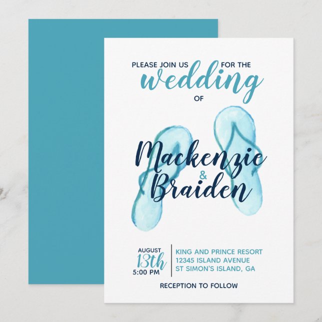 Invitación Boda Turquesa Flip Flops Beach (Anverso / Reverso)