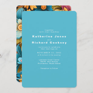 Invitación Boda Turquesa Floral Retro Contemporáneo