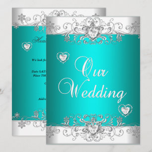 Invitación Boda Turquesa Plata Blanco Corazones de Diamante