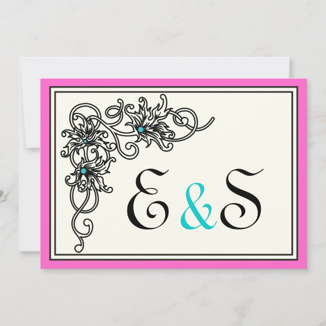 Invitación Boda turquesa rosa negro de vid brillante (Anverso)