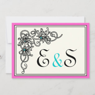 Invitación Boda turquesa rosa negro de vid brillante