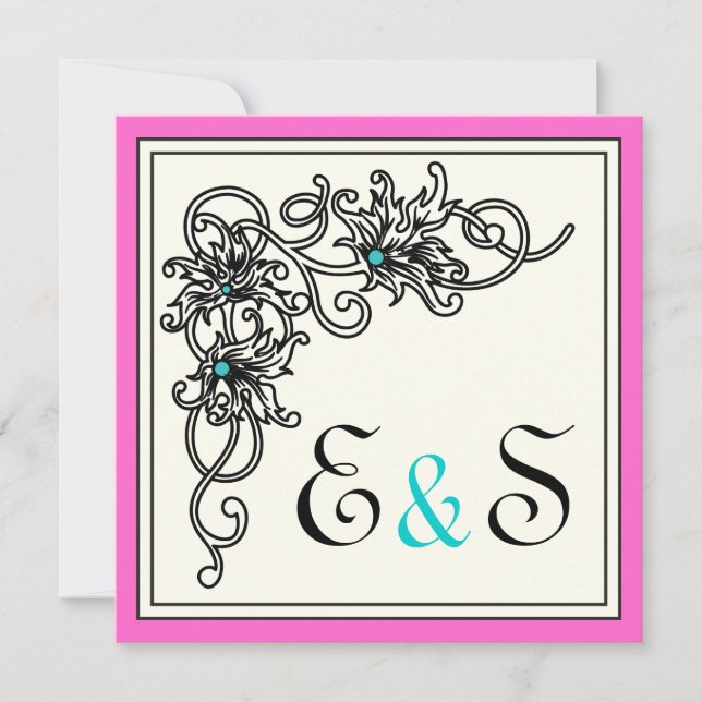 Invitación Boda turquesa rosa negro de vid brillante (Anverso)