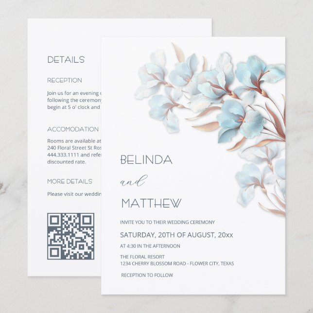Invitación Boda Turquesa Rosa Oro Flores Todo en Uno (Anverso / Reverso)