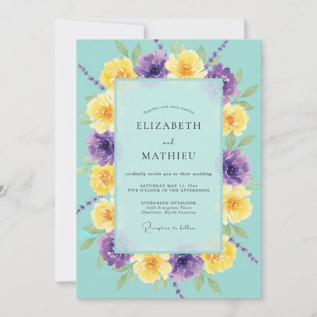 Invitación Boda Turquesa Violeta Ranunculus Eucalipto (Anverso)