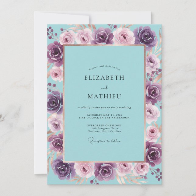 Invitación Boda Turquesa Violeta Ranunculus Sage (Anverso)