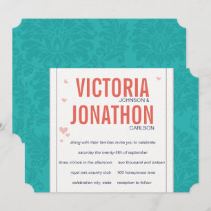 Invitación Boda turquesa y damasco de coral moderna