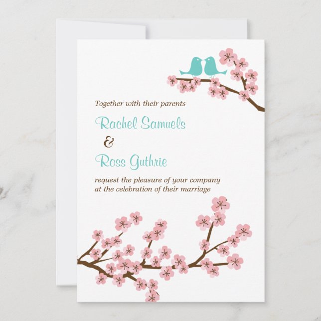 Invitación Boda Turquesa y Rosa de Flor de Cerezo (Vertical) (Anverso)