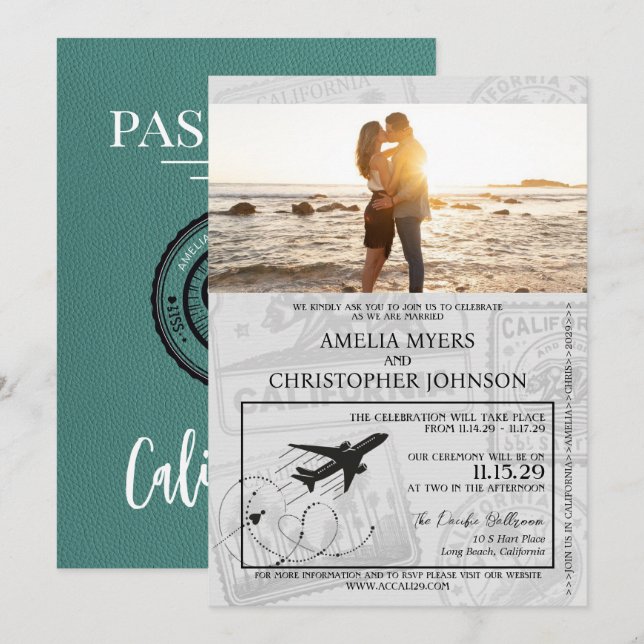 Invitación Boda Turquoise California Passport (Anverso / Reverso)
