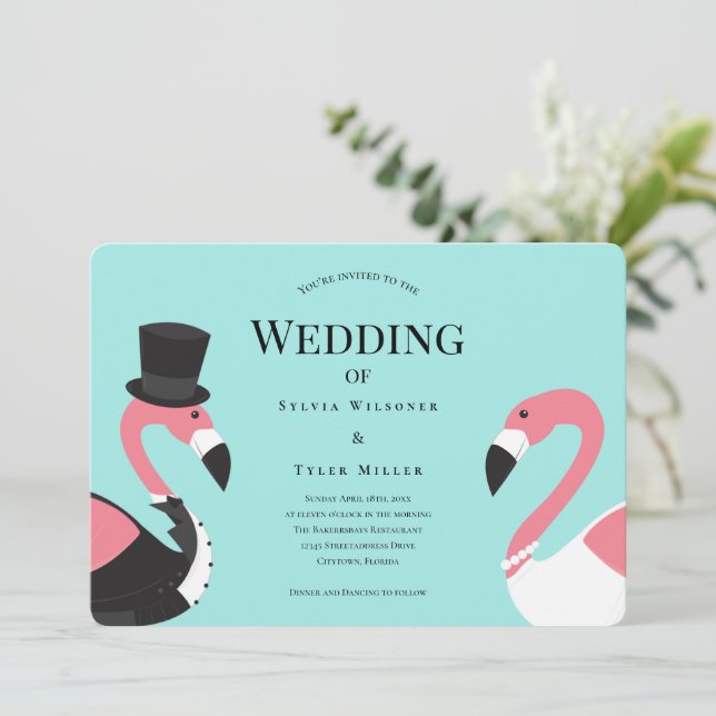 Invitación Boda Turquoise Flamingo (Anverso de pie)