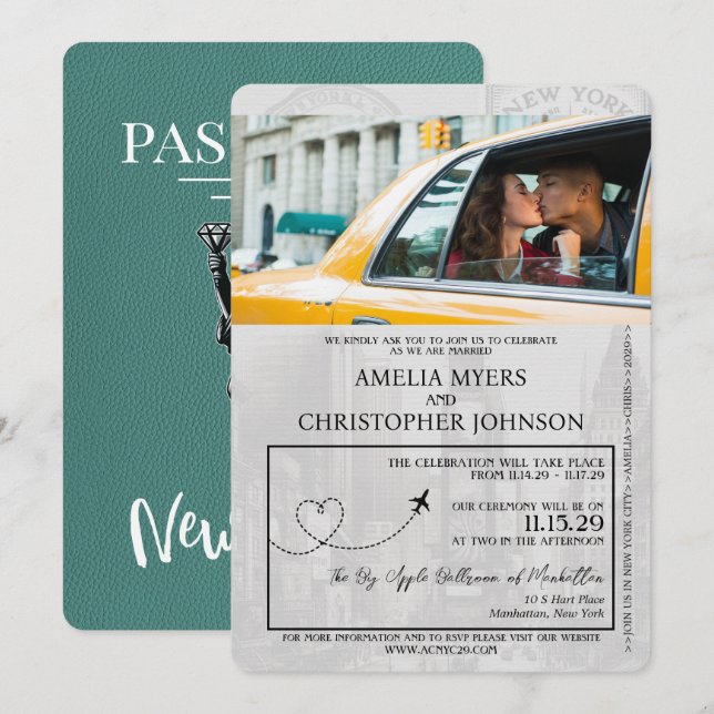 Invitación Boda Turquoise New York City Passport (Anverso / Reverso)