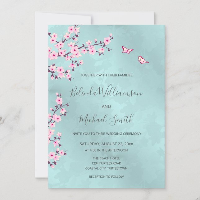 Invitación Boda Turquoise Pink Cherry Blossom (Anverso)