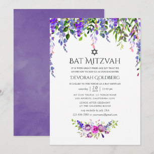 Invitación Boda Ultra Violeta Acuarela Floral Bat Mitzvah