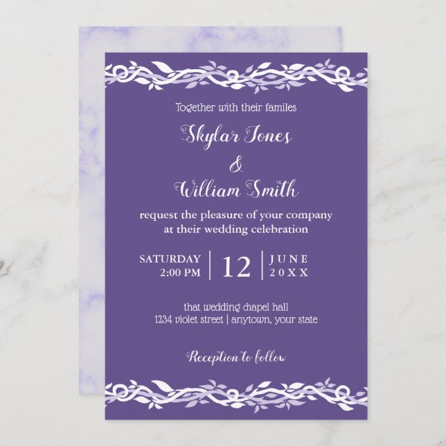 Invitación Boda Ultra Violeta Simple Púrpura Y Blanco (Anverso / Reverso)