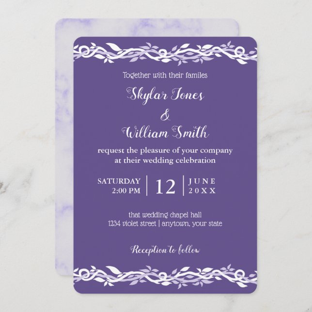Invitación Boda Ultra Violeta Simple Púrpura Y Blanco (Anverso / Reverso)
