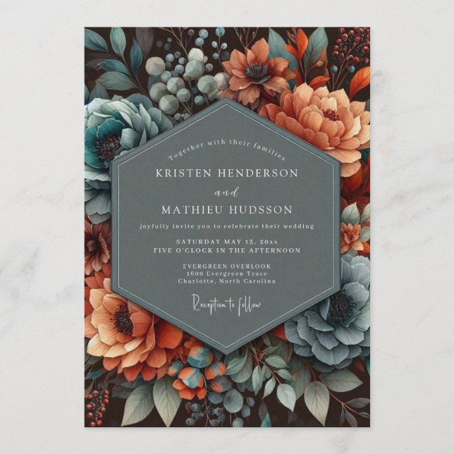 Invitación Boda Umbría de Cobre Teal (Anverso)