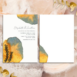 Invitación Boda Única Artística Acuarela Naranja Azul