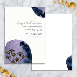 Invitación Boda Única Floral Acuarela Azul Marino Púrpura