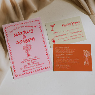 Invitación Boda Única Quirky Rosa Rojo Dibujada a Mano