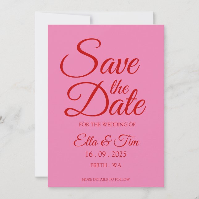 Invitación Boda Única Rosa Y Rojo Rara Y Rara Guarda La Fecha (Anverso)