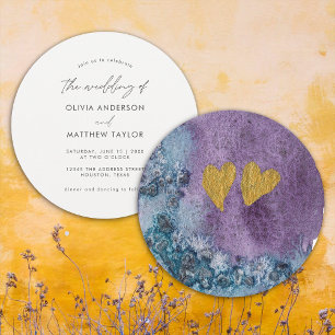 Invitación Boda Única Simple Corazones Dorados Acuarela Boho
