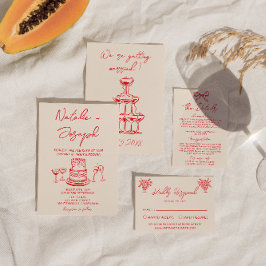 Invitación Boda Única y Excéntrica Torta Roja Dibujada a Mano