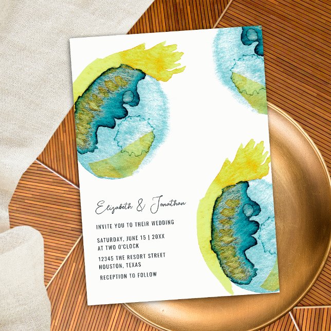 Invitación Boda único de arte acuático con abstracto amarillo (Front)