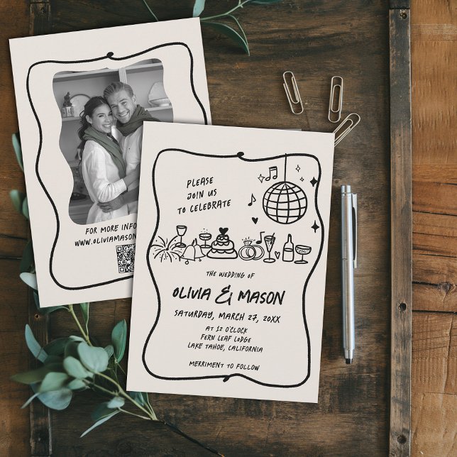 Invitación Boda único de Doodle moderno dibujado a mano (hand drawn wedding invitation doodle illustration squiggle wavy frame modern funky unique ecru)
