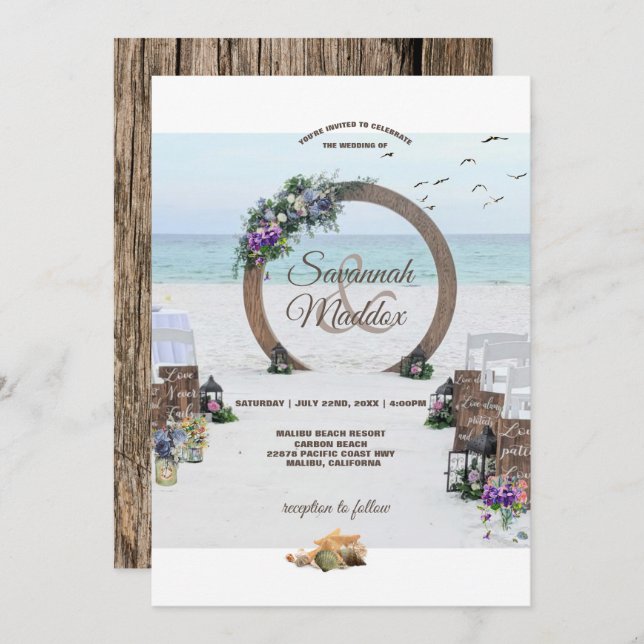 Invitación Boda único de flores de madera de arbor Beach (Anverso / Reverso)
