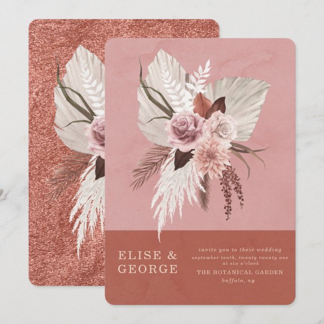 Invitación Boda único de pampas tropicales de cobre rosado de (Anverso / Reverso)